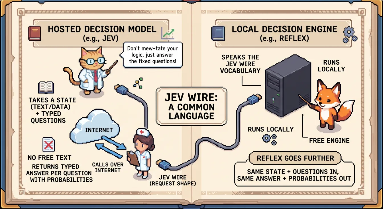 An open storybook in pixel art. The left page, headed Hosted decision model, for example Jev: a professor cat beside a cloud labelled Internet explains that a hosted model takes a state (text or data) plus typed questions, returns one typed answer per question with probabilities, never free text, and is called over the internet; a nurse with a clipboard holds the Jev wire request shape. The right page, headed Local decision engine, for example Reflex: a fox beside a computer explains that it speaks the same Jev wire vocabulary, runs locally, and is a free engine; beneath it, Reflex goes further — same state and questions in, same answer and probabilities out. Between the pages: Jev wire, a common language.